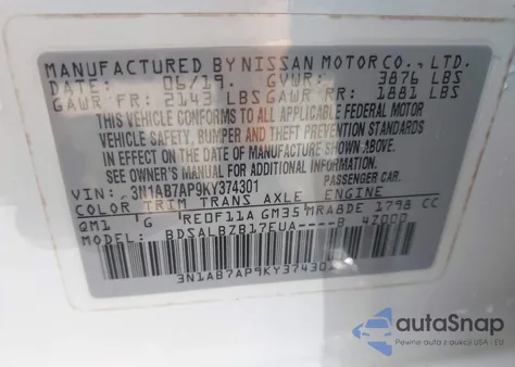2019 Nissan Sentra S z USA, uszkodzony, nr VIN 3N1AB7AP9KY374301